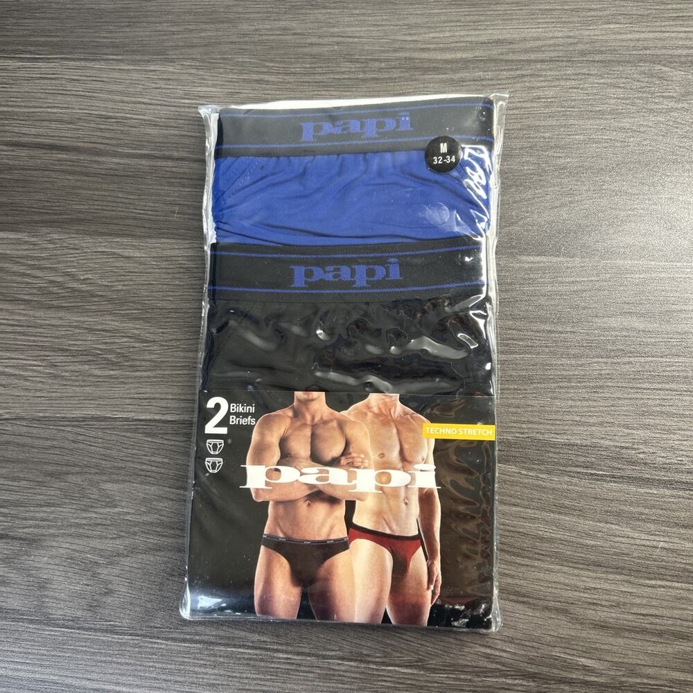 PAPI Techno Stretch Men’s Bikini Briefs 2 Pcs Size M 32-34 New Sealed Blue Black